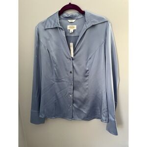 Talbots Women's Size 10 Button-Up Shirt Blue Satin Long Sleeve Collared Blouse